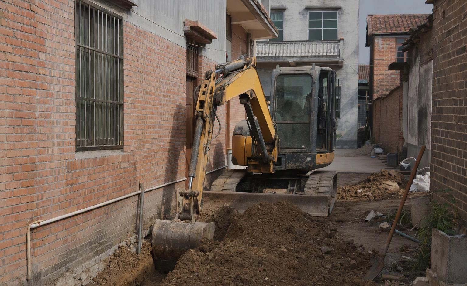 微型挖掘机在窄小院落内开挖管沟